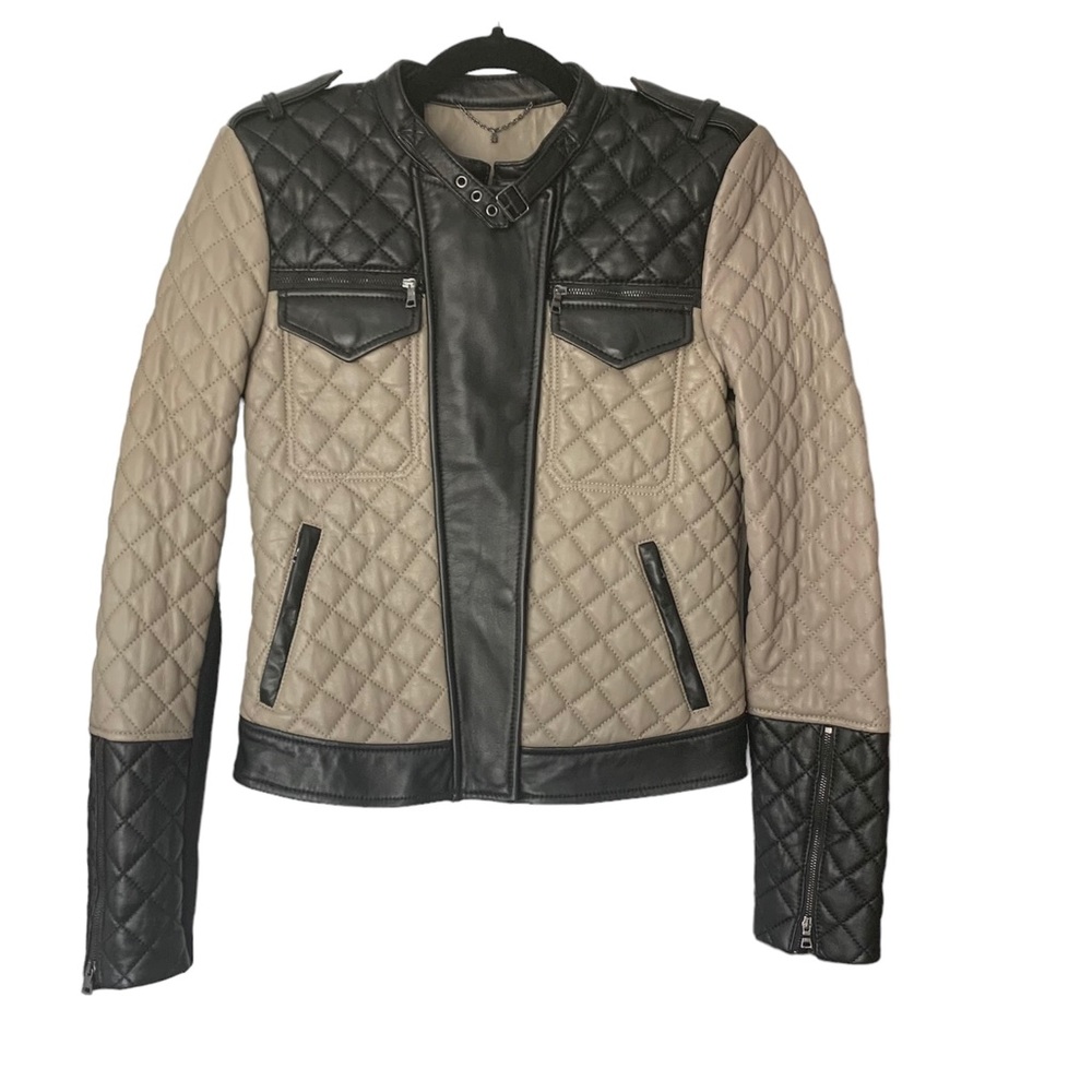 BCBGMaxazria Genuine Lamb Leather Jacket Beige‎ and Black Sz XS